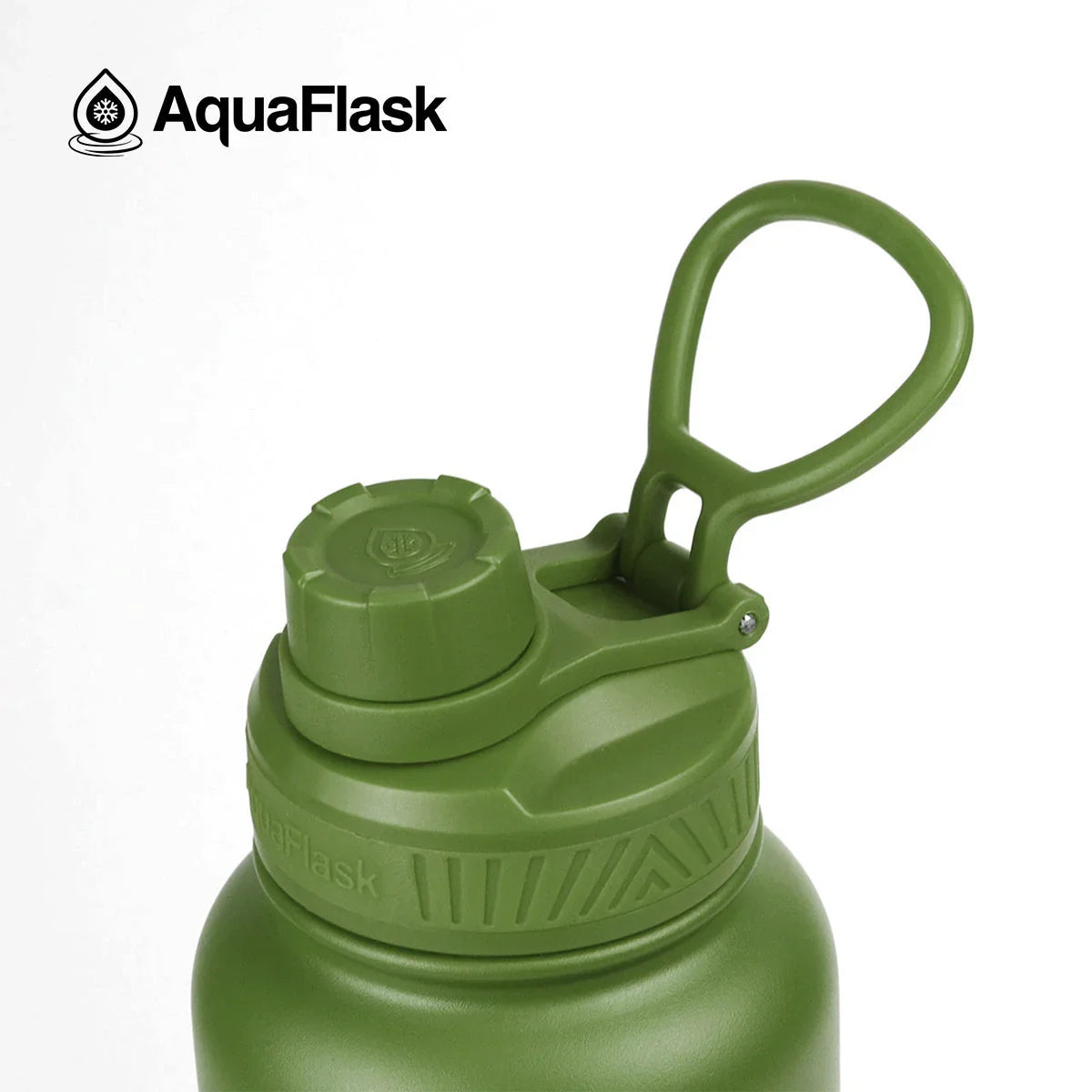AquaFlask 40oz hunter green water bottle with handle on white background