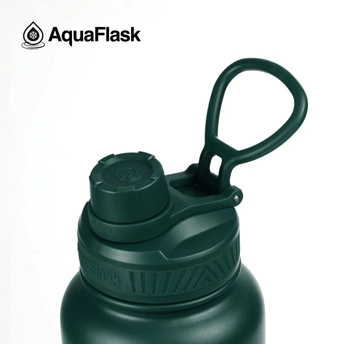 AquaFlask 40oz moss green insulated water bottle with handle, close-up view