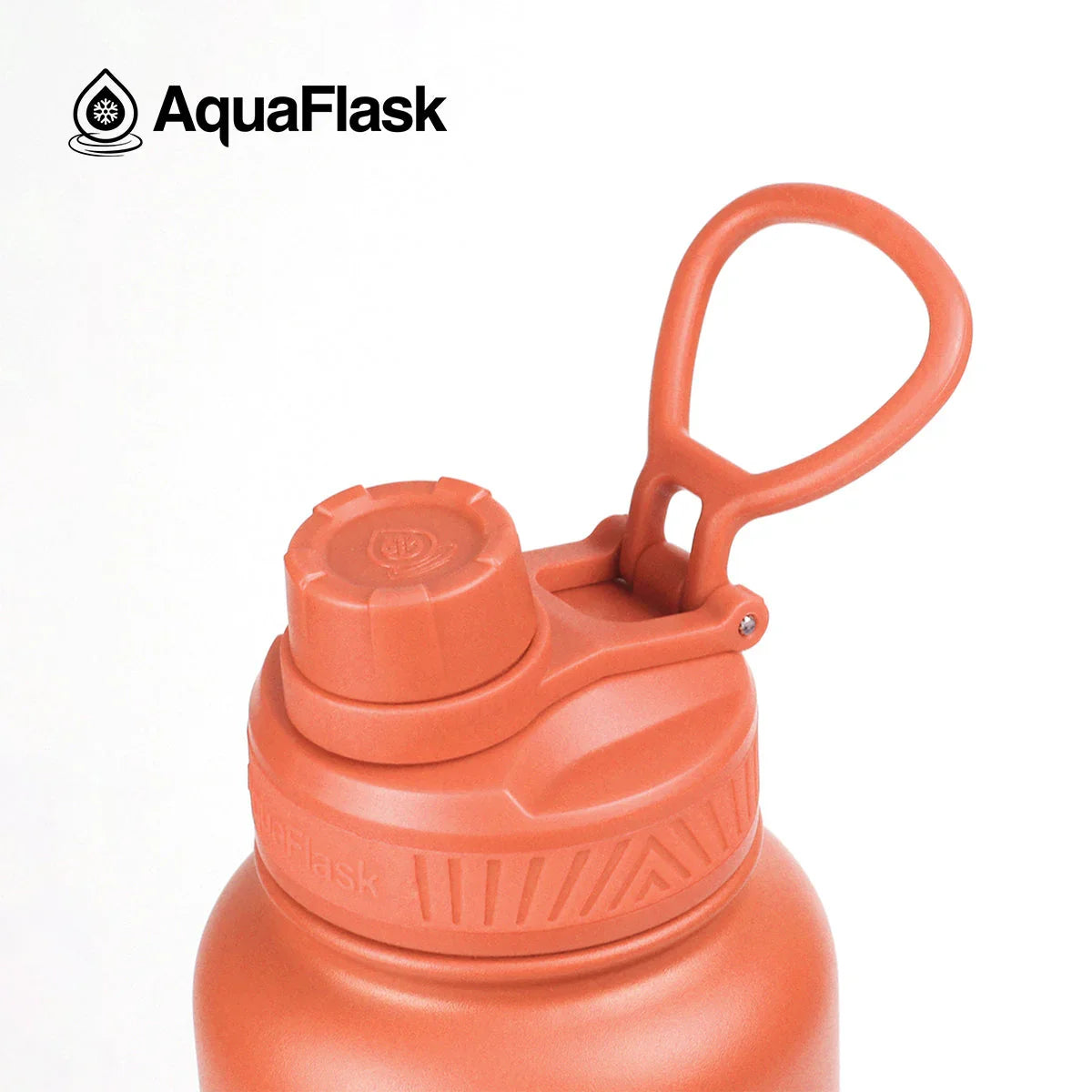 AquaFlask 40oz orange water bottle with screw cap and handle on white background