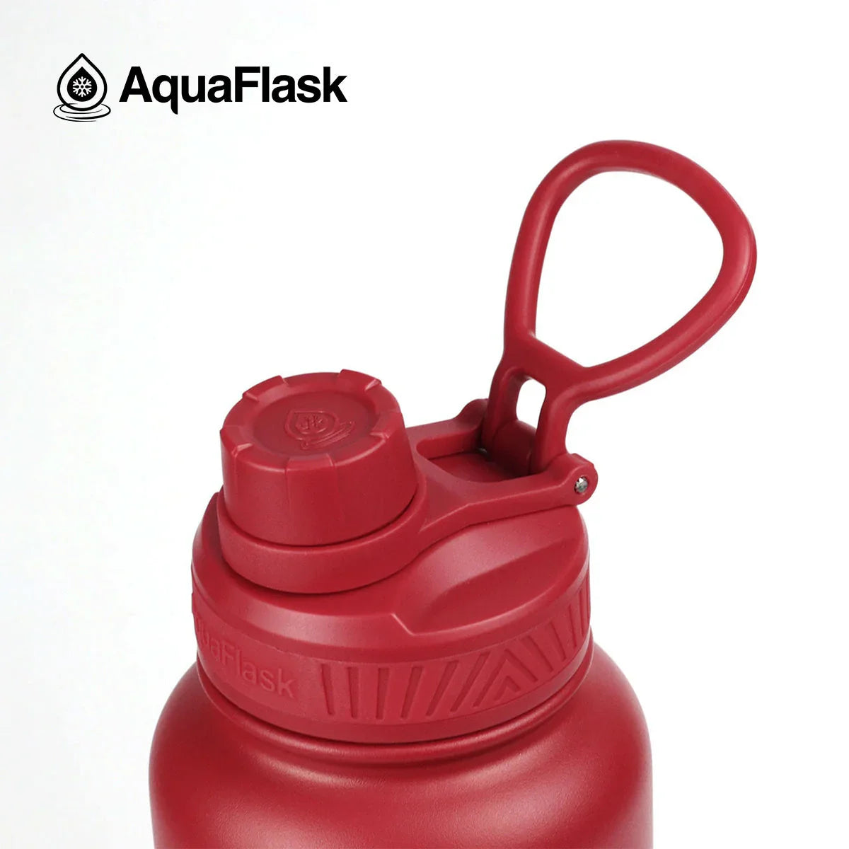 Cherry red AquaFlask water bottle with screw cap and handle, logo on white background