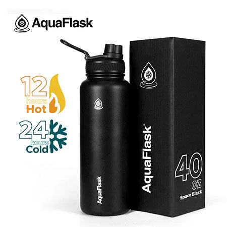 AquaFlask 40oz black insulated water bottle with box, keeps drinks hot 12h, cold 24h