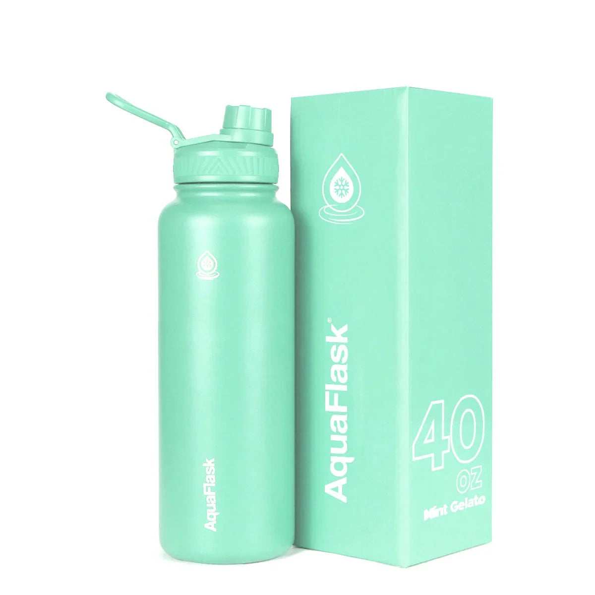 AquaFlask 40oz mint gelato water bottle with matching box, reusable insulated design