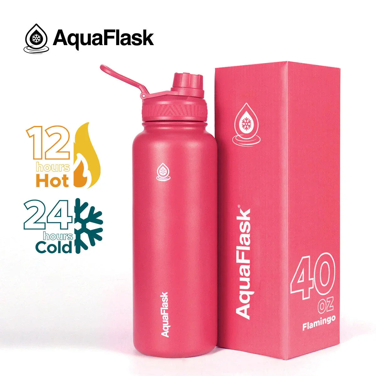 AquaFlask 40oz Flamingo pink insulated water bottle with box, hot and cold icons