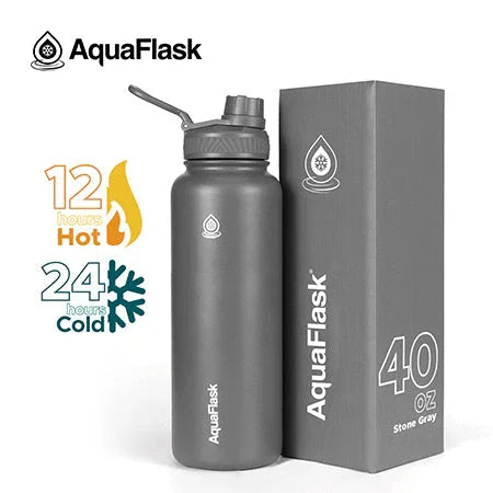 AquaFlask 40oz stone gray water bottle with straw lid and box, keeps drinks hot or cold
