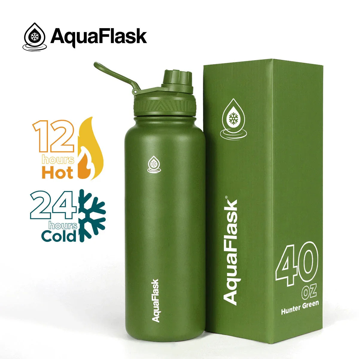 AquaFlask 40oz hunter green insulated water bottle with box, keeps drinks hot 12h or cold 24h