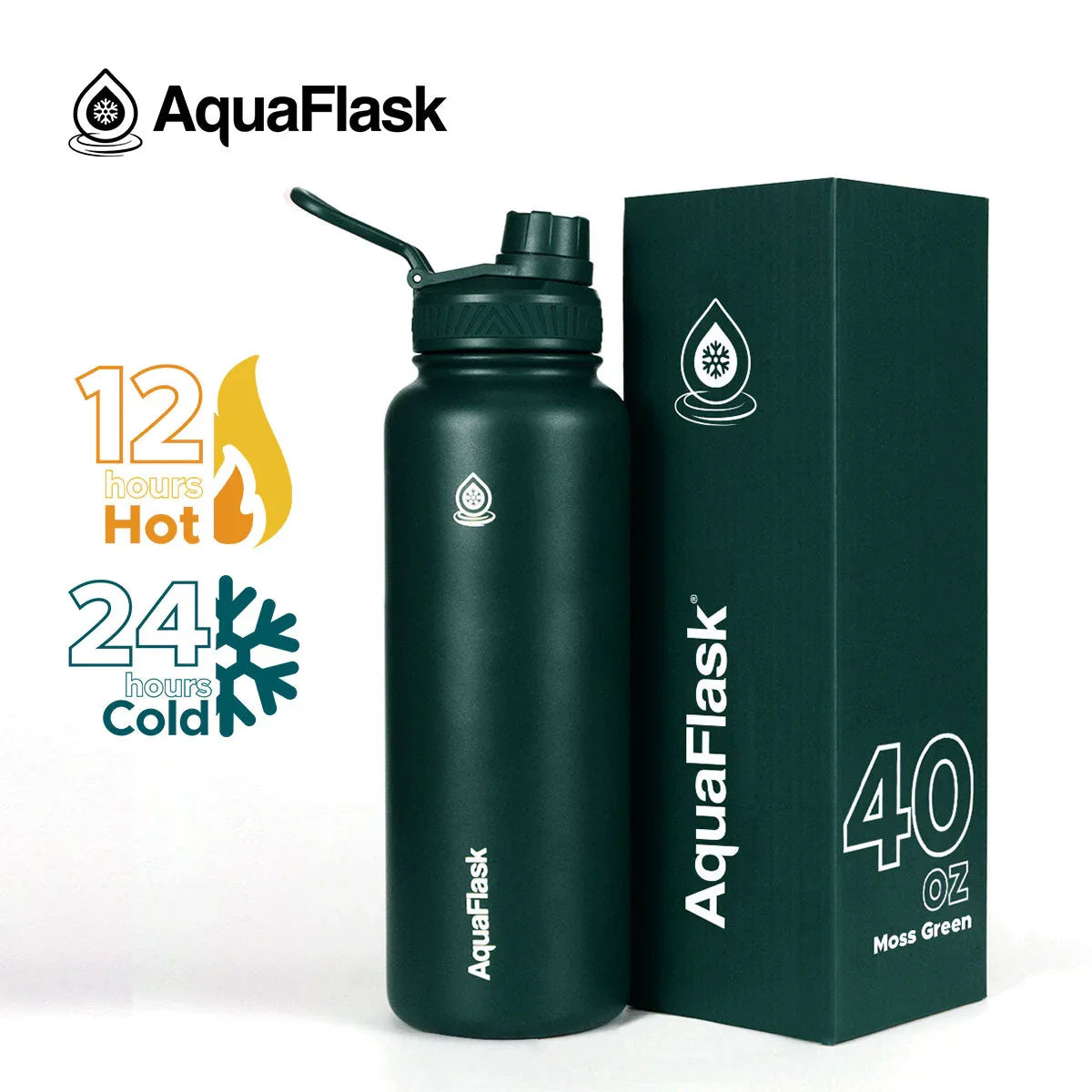 AquaFlask 40oz moss green water bottle with box, keeps drinks hot for 12 hours, cold for 24.