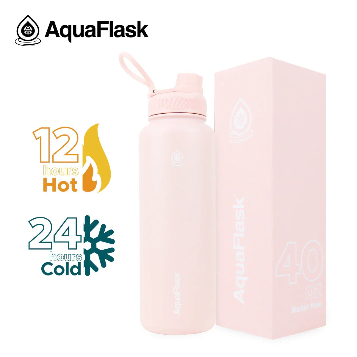 AquaFlask 40oz Ballet Pink water bottle with box, hot and cold insulation icons