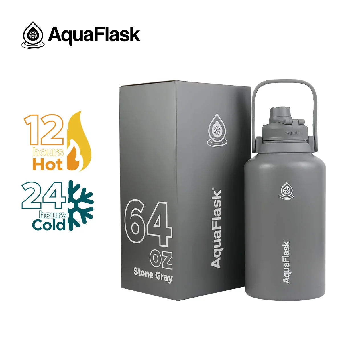 AquaFlask 64oz stone gray insulated water bottle with box, hot cold temperature icons.
