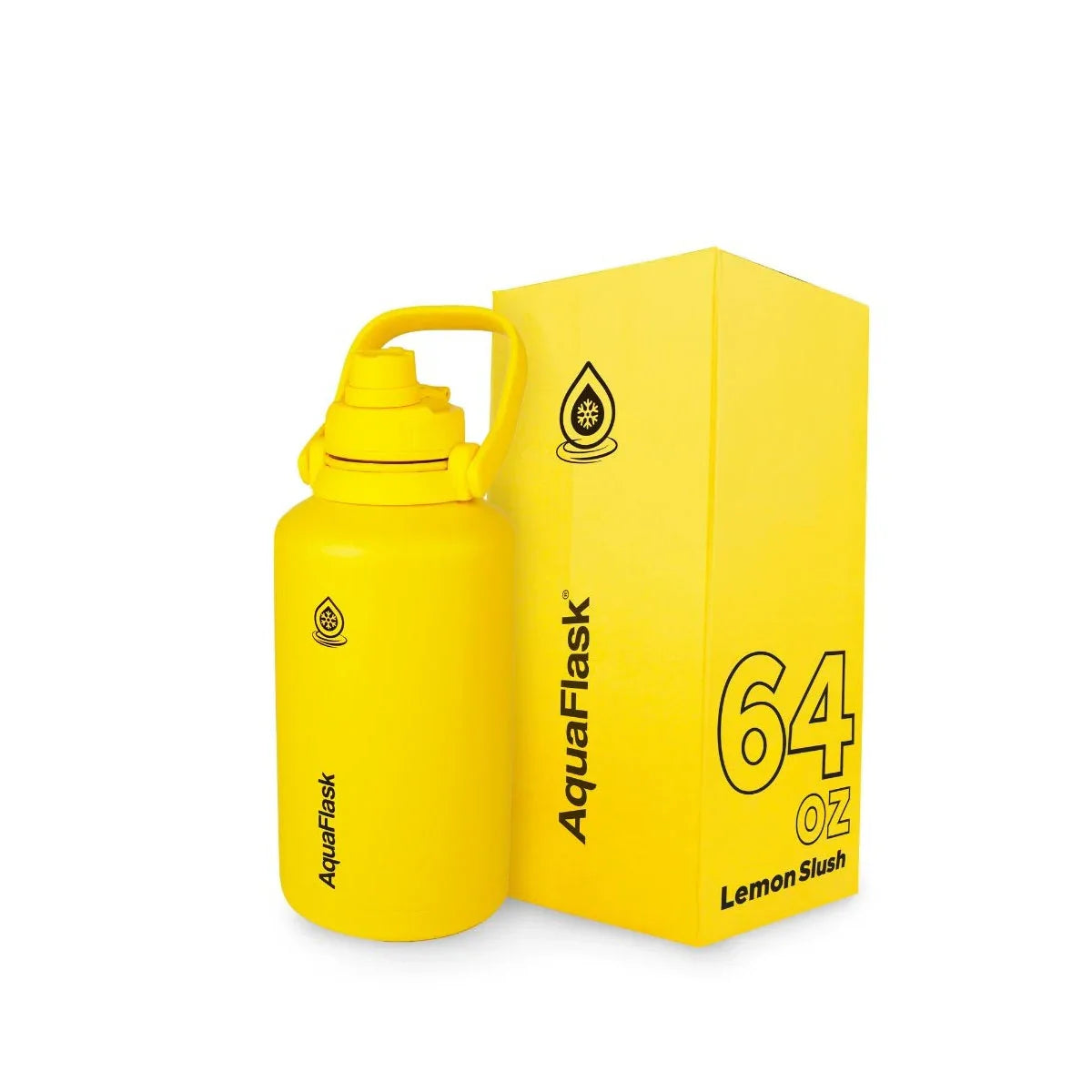 AquaFlask yellow 64oz insulated bottle with handle beside matching Lemon Slush box