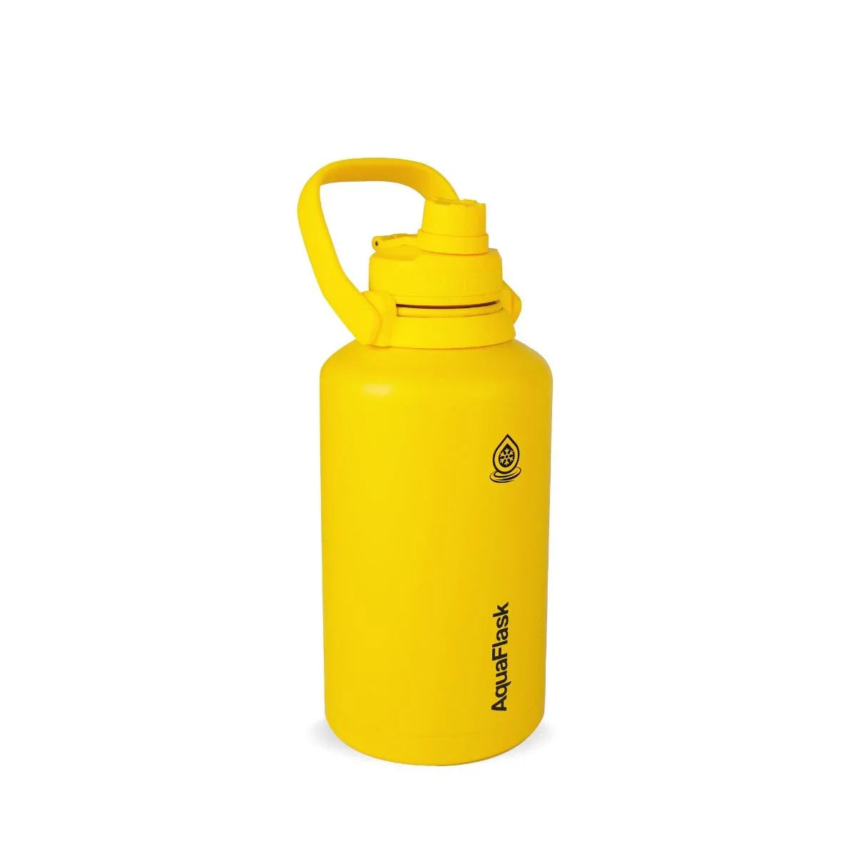 Bright yellow AquaFlask water bottle with handle on white background