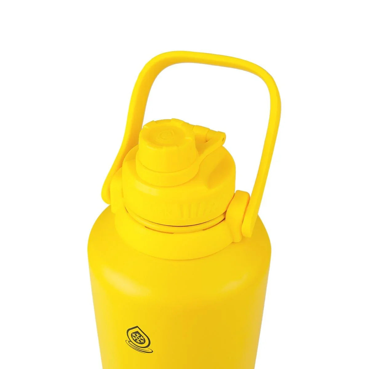 Yellow insulated water bottle with screw cap and handle on white background
