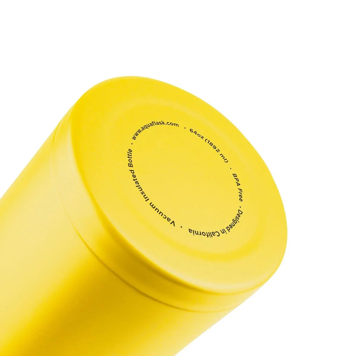 Yellow insulated vacuum bottle with circular text on the bottom, close-up product photo