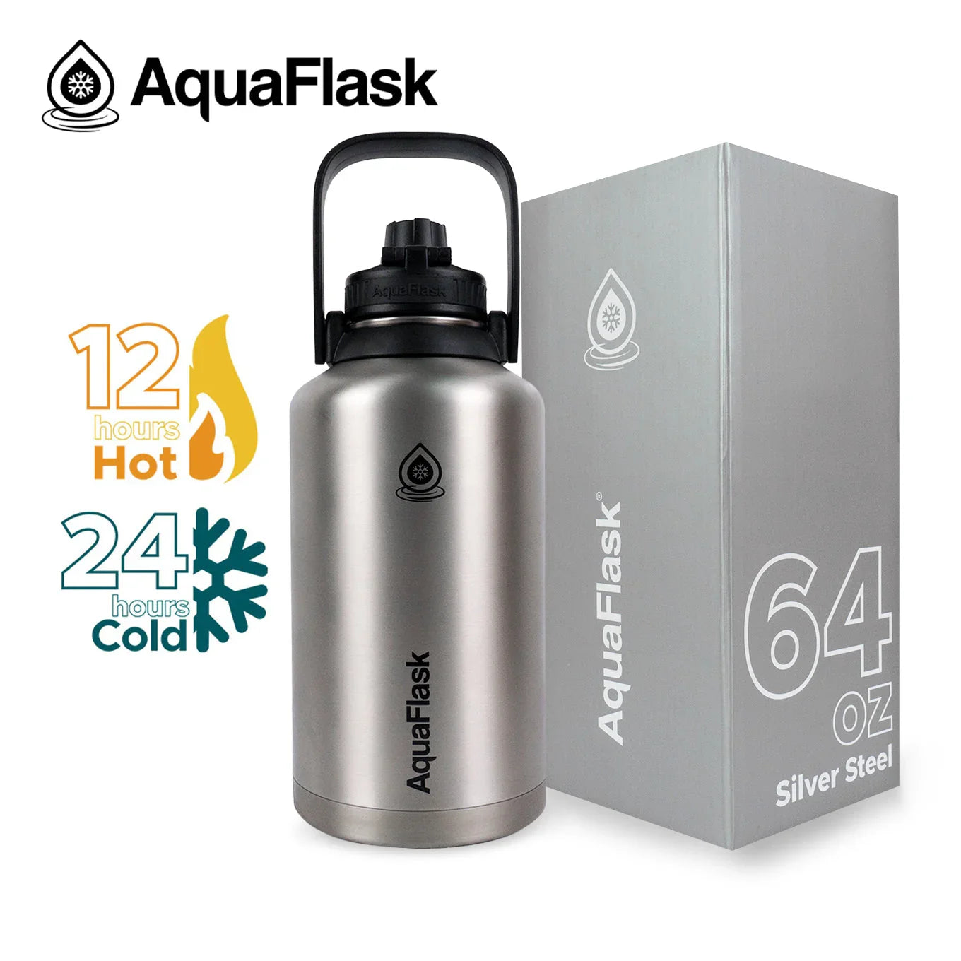 AquaFlask 64oz Silver Steel insulated bottle with handle, box, hot and cold icons