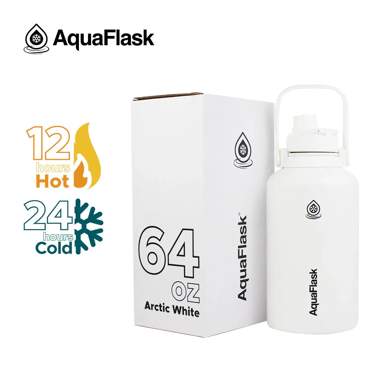 AquaFlask 64oz Arctic White insulated water bottle and box, keeps drinks hot 12h, cold 24h