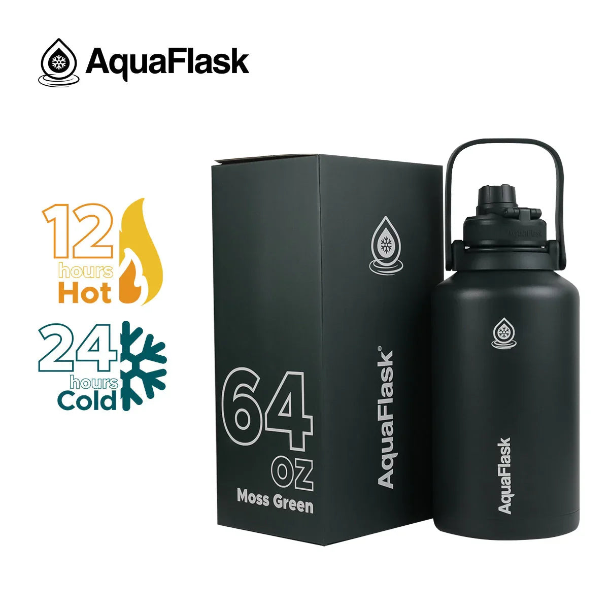 AquaFlask 64oz Moss Green insulated water bottle and box, keeps drinks hot 12h or cold 24h