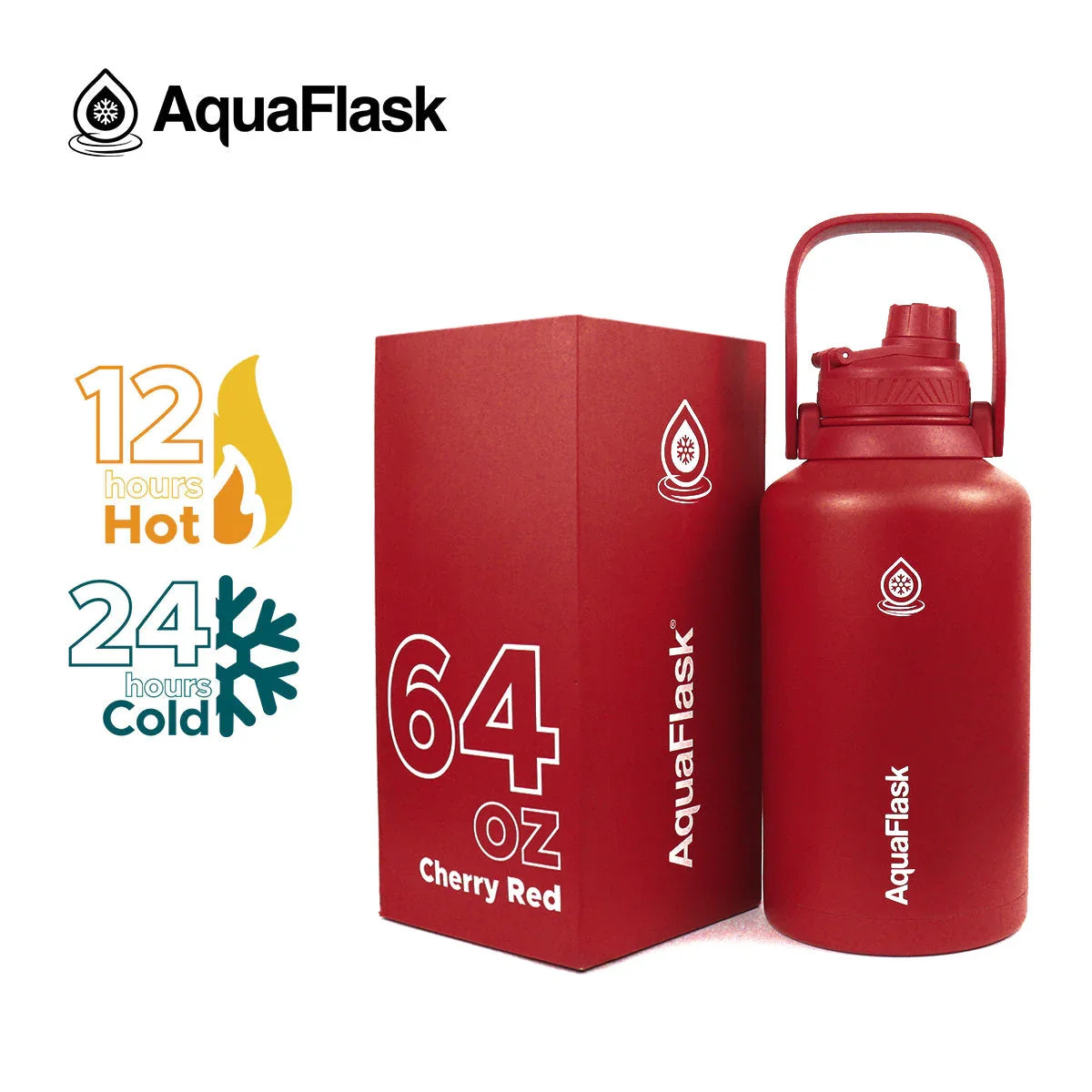 AquaFlask 64oz Cherry Red insulated water bottle and box, keeps drinks hot 12h, cold 24h