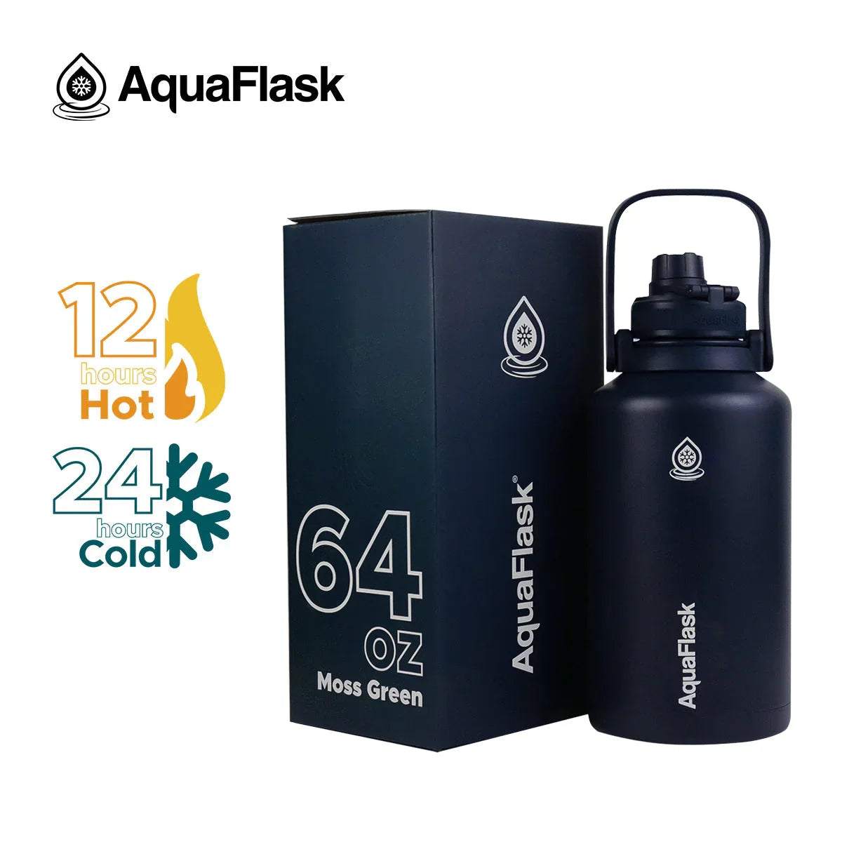 AquaFlask 64oz cobalt insulated water bottle beside branded box, keeps drinks hot 12hrs, cold 24hrs.