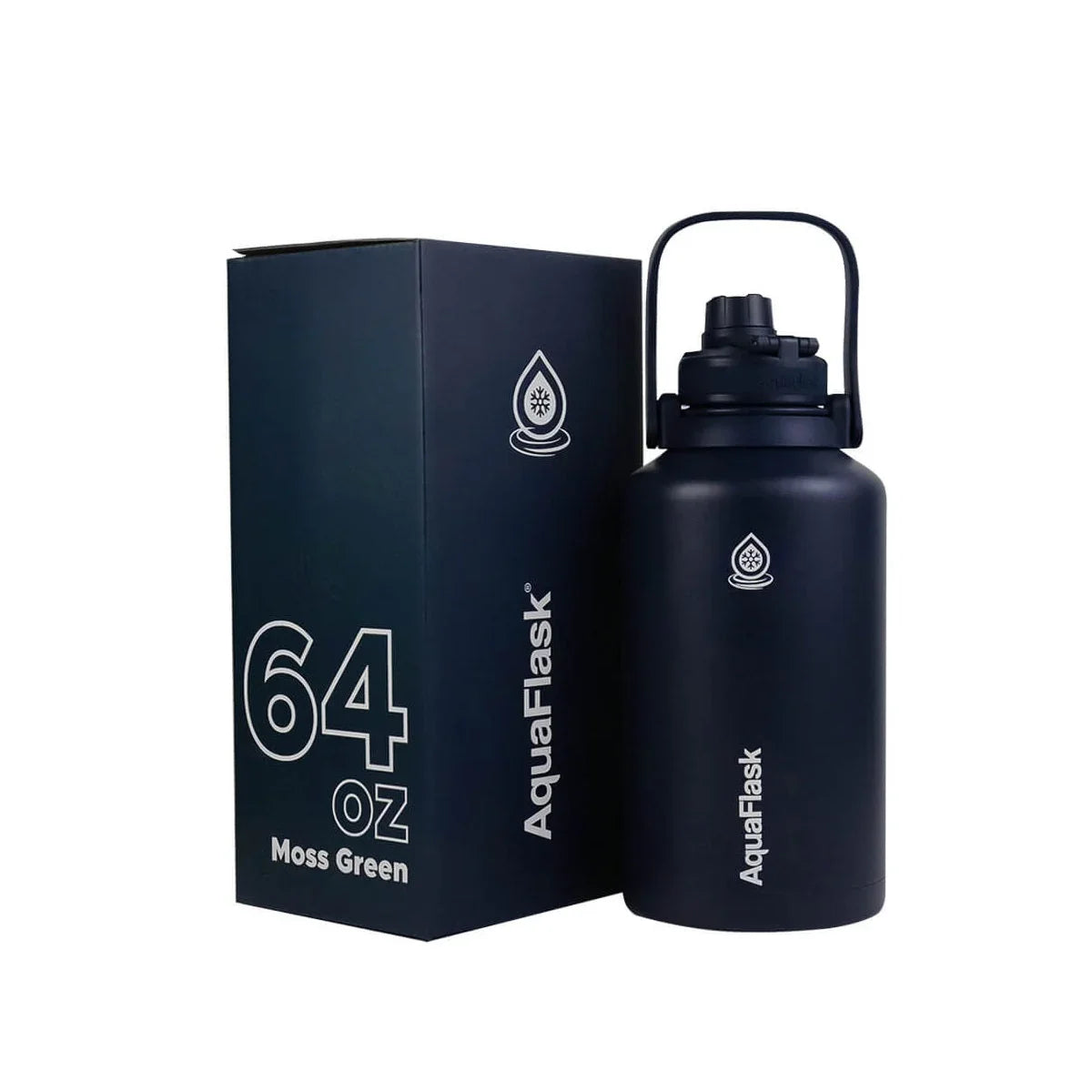 AquaFlask 64oz Moss Green water bottle with box, insulated stainless steel design