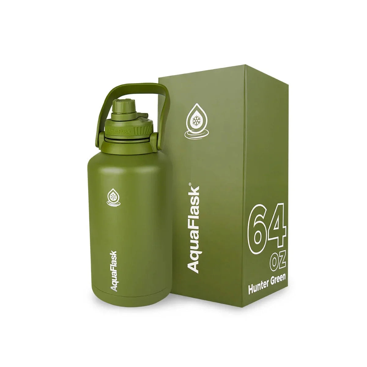Hunter green AquaFlask 64oz water bottle with matching box on white background