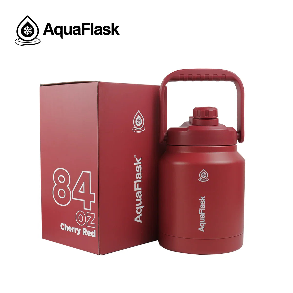 AquaFlask 84oz Cherry Red water jug with matching box and logo on white background