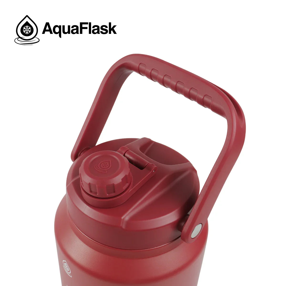 AquaFlask 84oz red insulated water jug with handle and twist cap