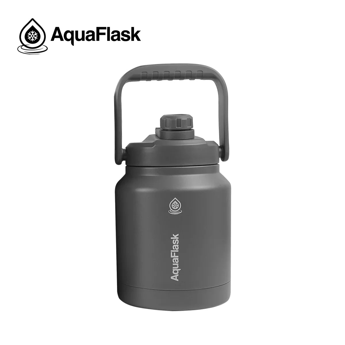 AquaFlask 84oz gray insulated water jug with handle and logo on white background