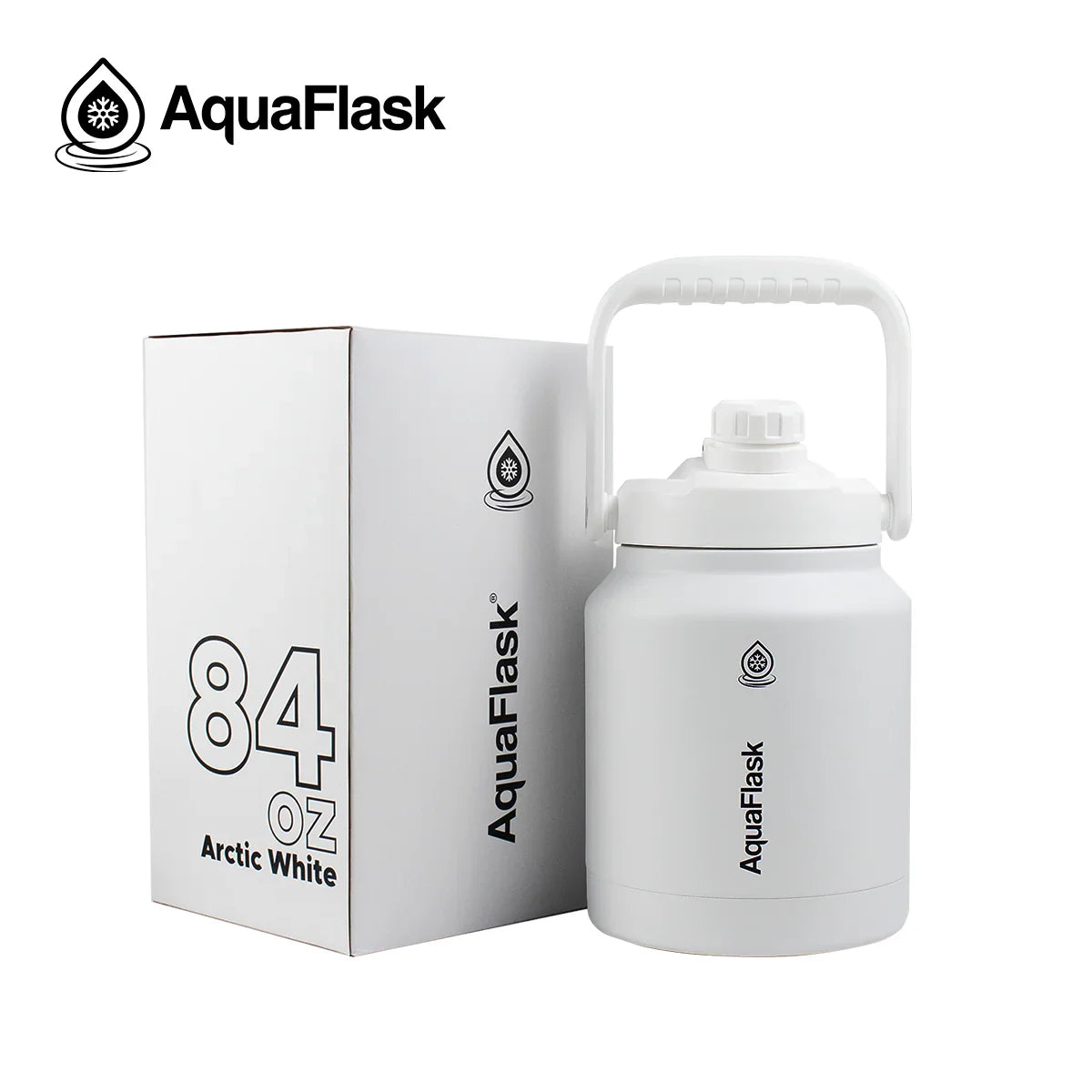AquaFlask 84oz Arctic White water jug with handle next to branded box