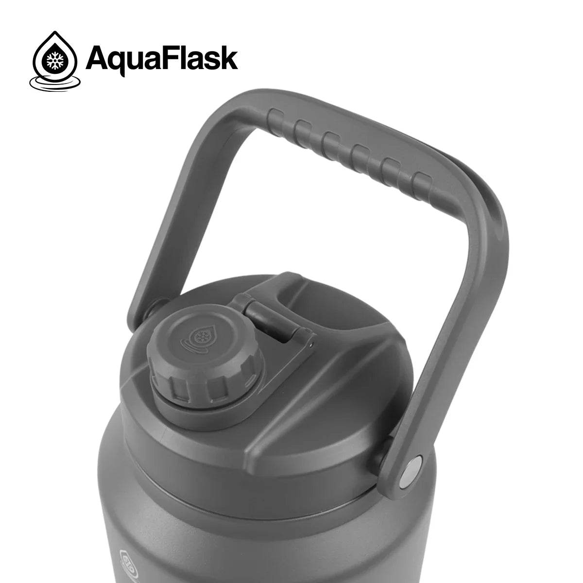 Gray AquaFlask 84oz water bottle with handle and twist cap, close-up view