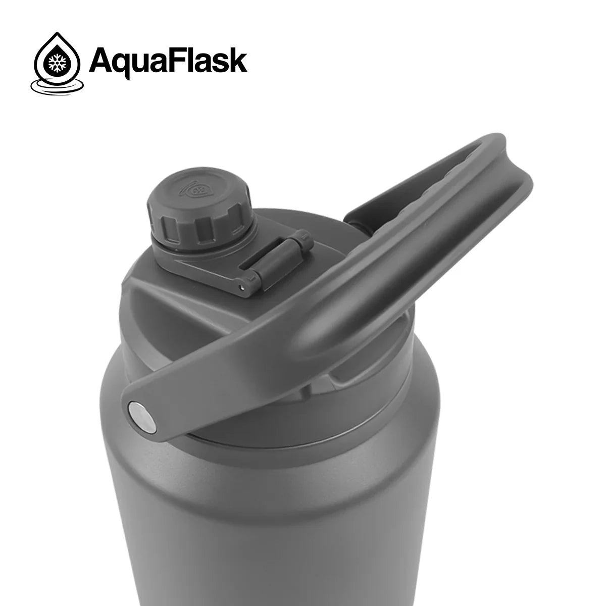 Gray AquaFlask 84oz water bottle with handle and screw cap on white background