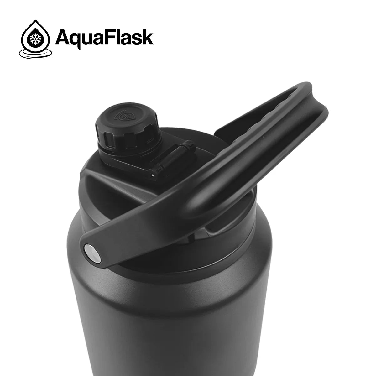 AquaFlask 84oz black insulated water bottle with handle and secure lid on white background