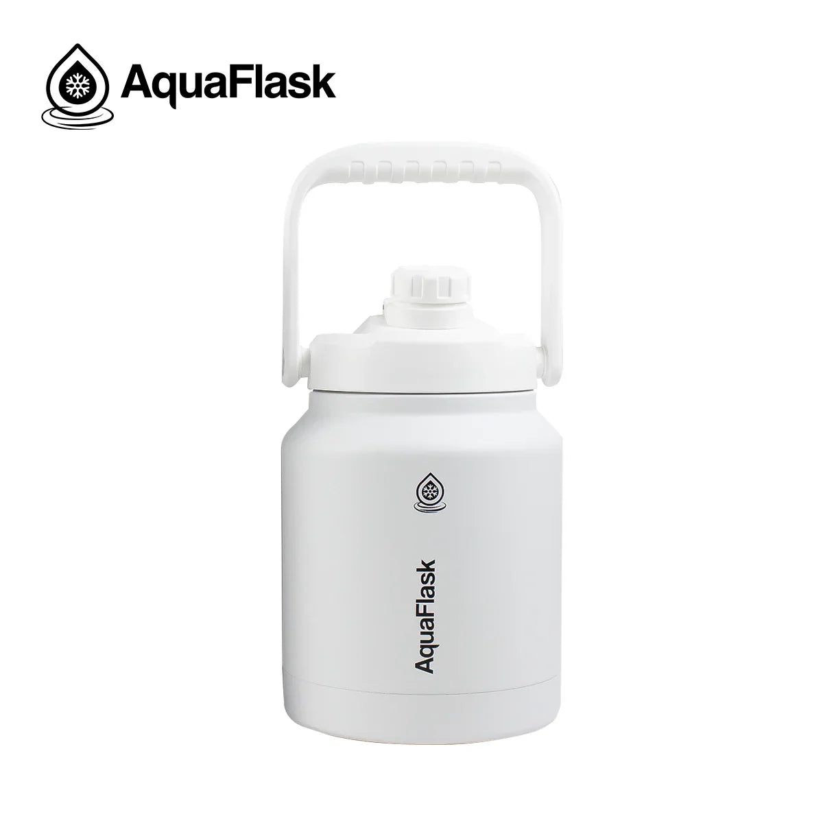 AquaFlask 84oz white water jug with handle and logo on plain background