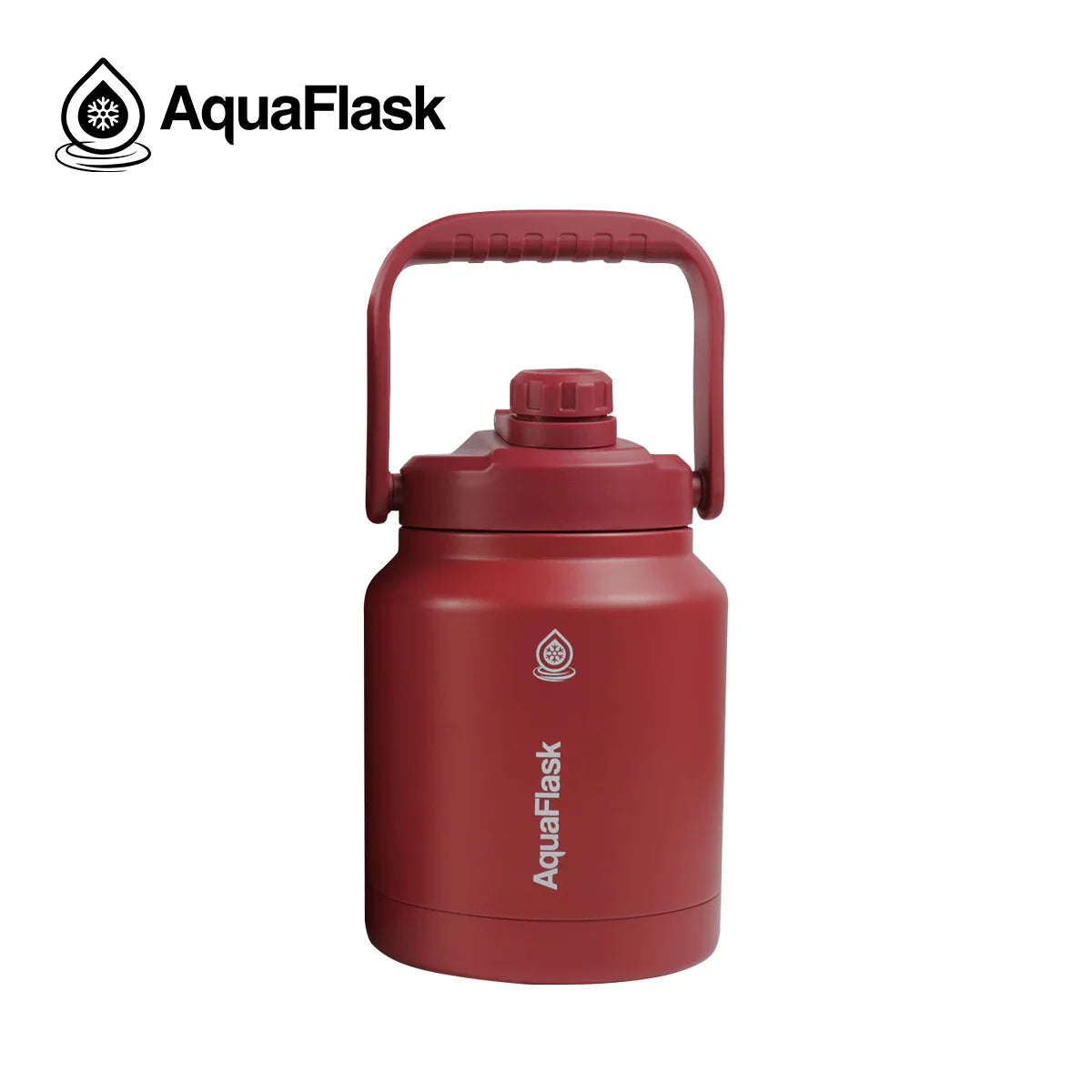Red AquaFlask 84oz insulated jug with handle and screw cap on white background.