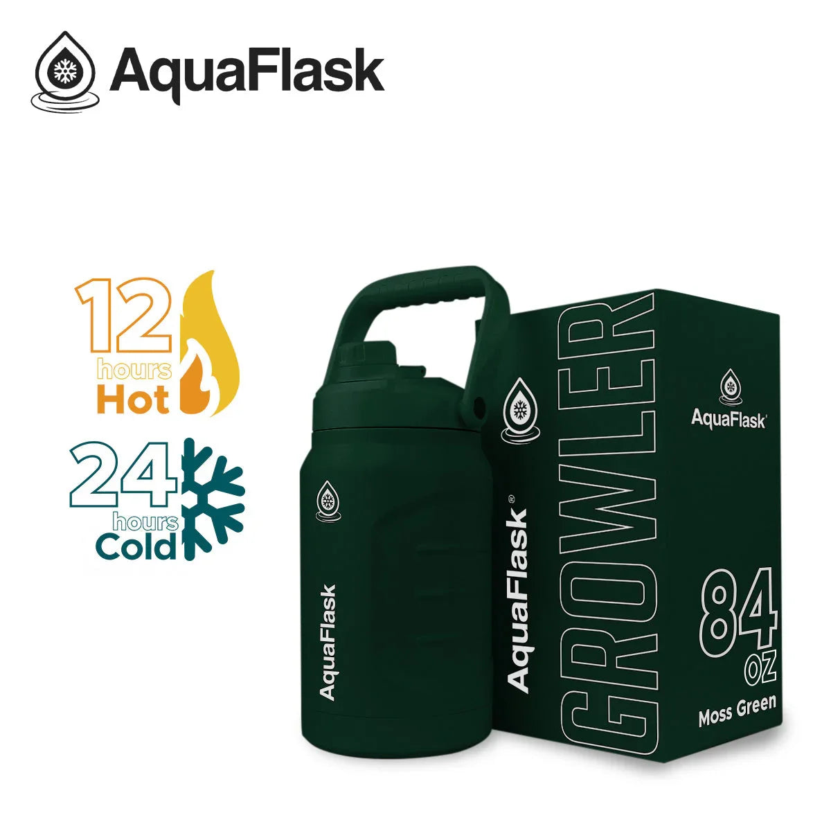 AquaFlask 84oz Moss Green Growler, keeps drinks hot for 12 hours or cold for 24 hours.