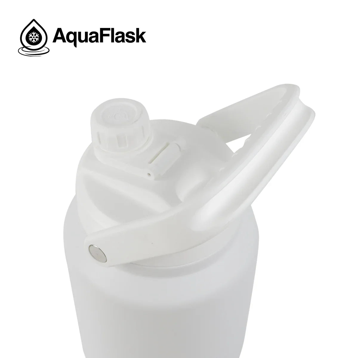 White AquaFlask 84oz water bottle with handle and secure lid on white background