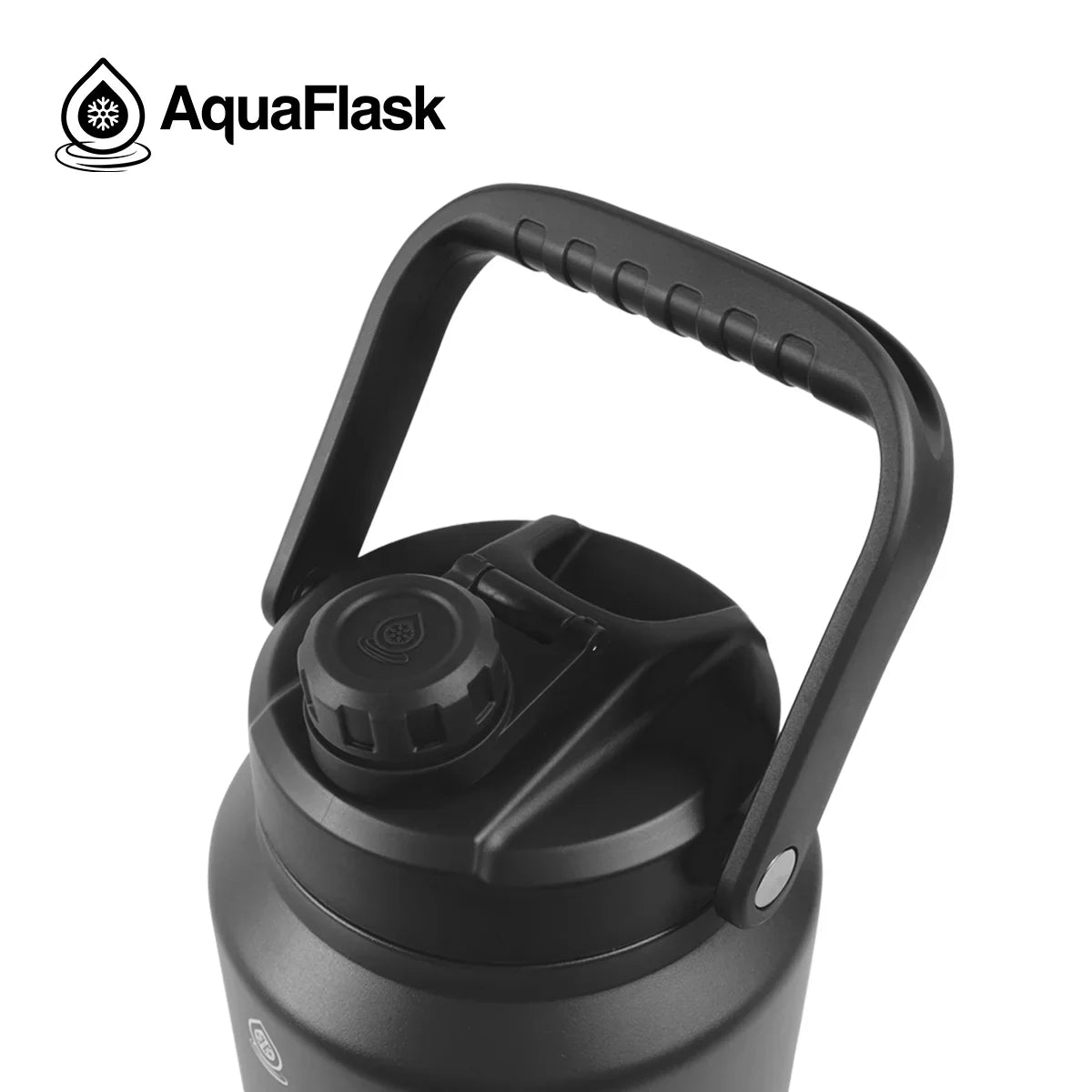 AquaFlask 84oz black water bottle with sturdy handle and screw cap lid