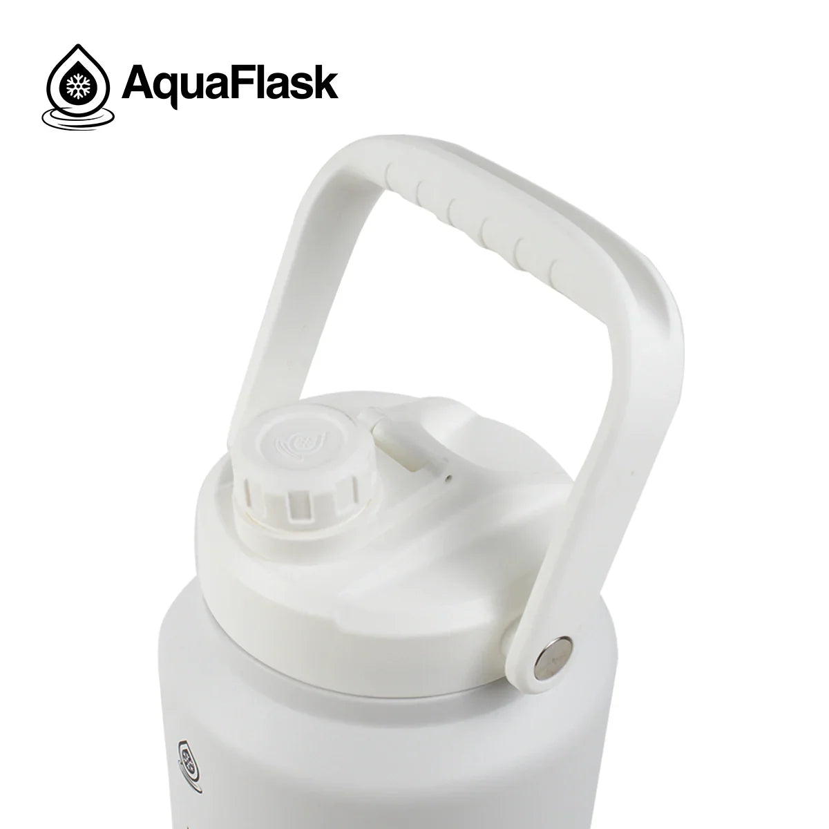 AquaFlask 84oz white water jug with sturdy handle and screw cap lid.