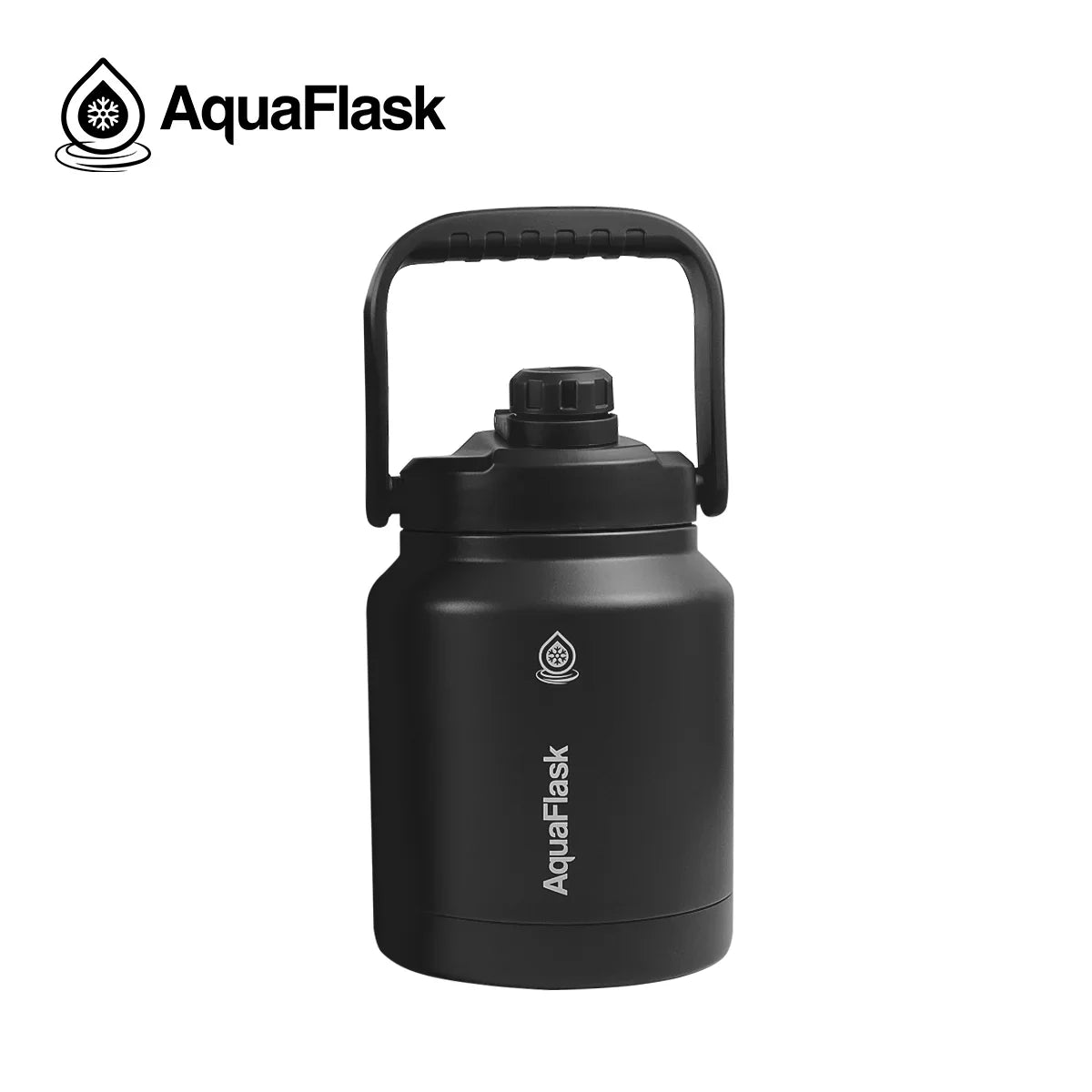 AquaFlask 84oz matte black insulated water jug with handle and screw cap on white background
