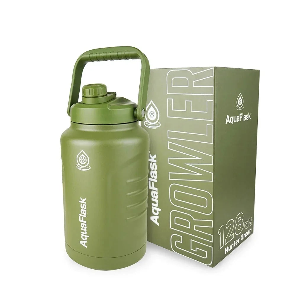 AquaFlask 128oz Hunter Green Growler water bottle with matching box