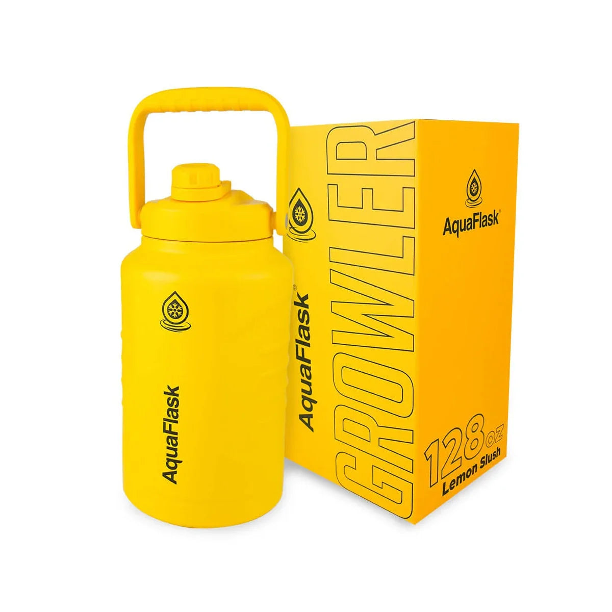 AquaFlask 128oz Lemon Slush yellow growler and branded box on white background.