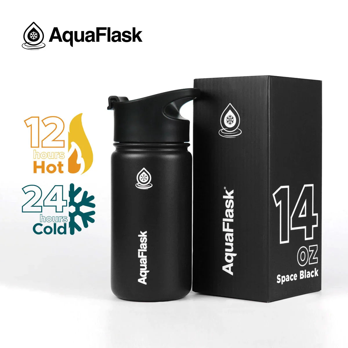 AquaFlask 14oz Space Black insulated bottle with box, hot 12h cold 24h icons