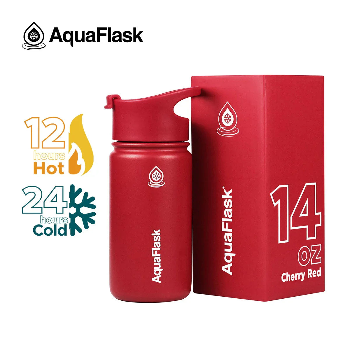 AquaFlask 14oz cherry red insulated water bottle and box, keeps drinks hot or cold