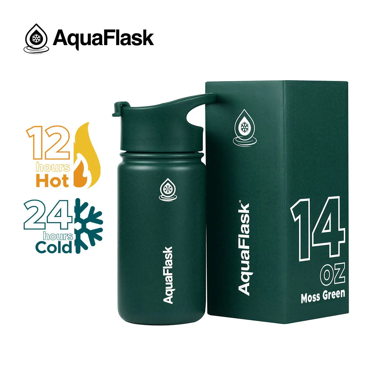 AquaFlask 14oz Moss Green insulated water bottle and box, keeps drinks hot 12hrs, cold 24hrs