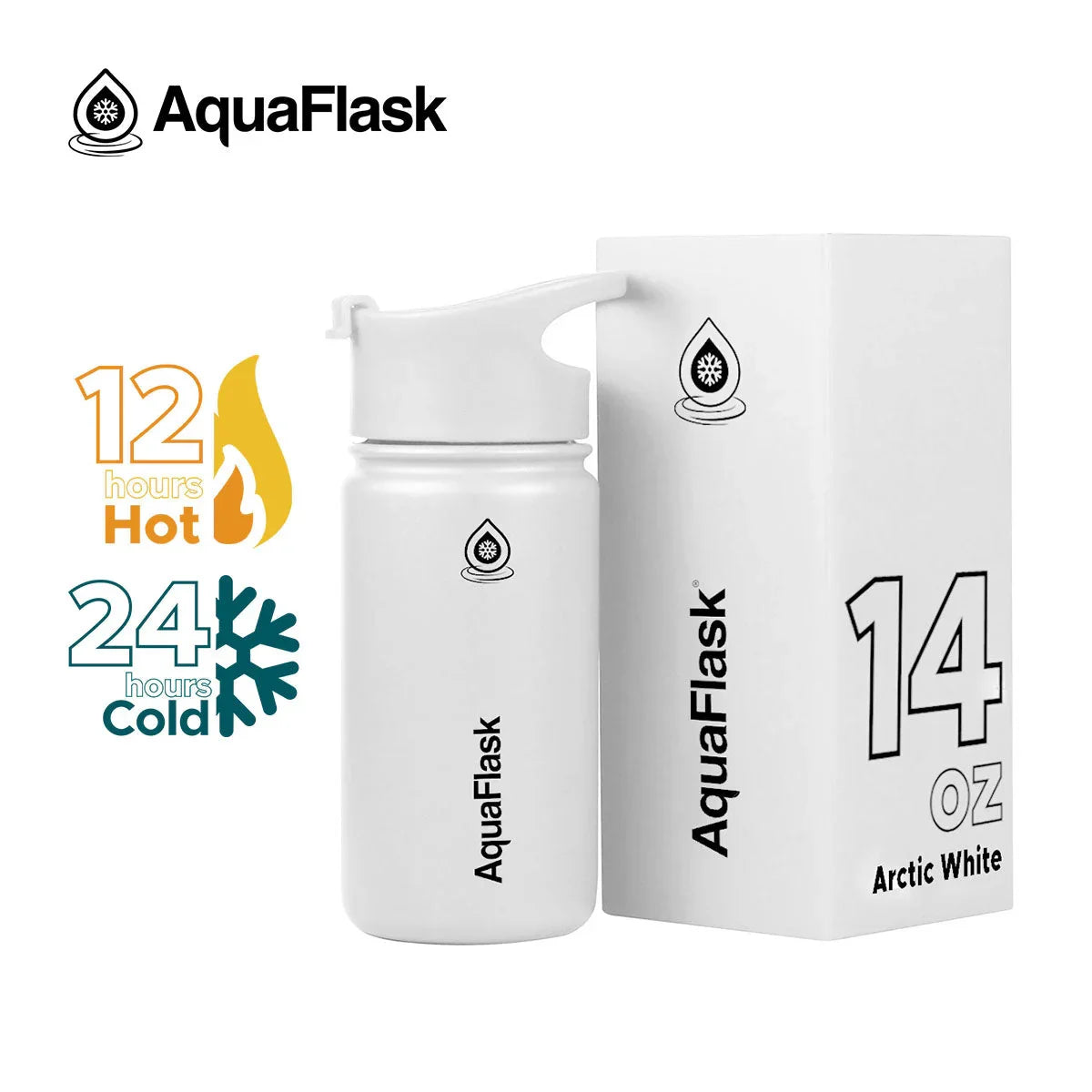 AquaFlask 14oz Arctic White insulated bottle with box, 12 hours hot, 24 hours cold.