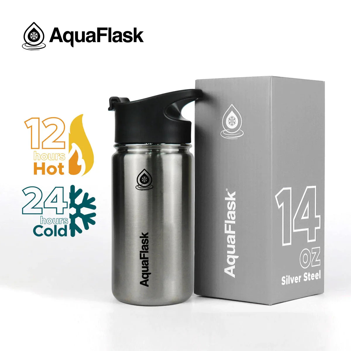 AquaFlask 14oz silver steel insulated water bottle with box, keeps drinks hot 12h cold 24h