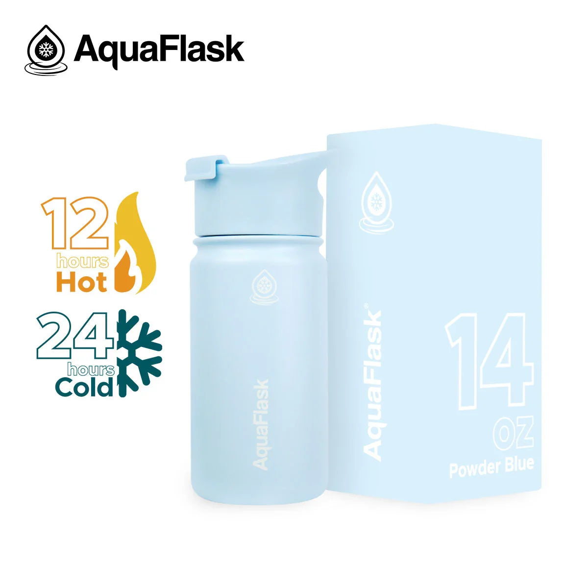 AquaFlask 14oz powder blue insulated water bottle with box, keeps drinks hot 12h, cold 24h