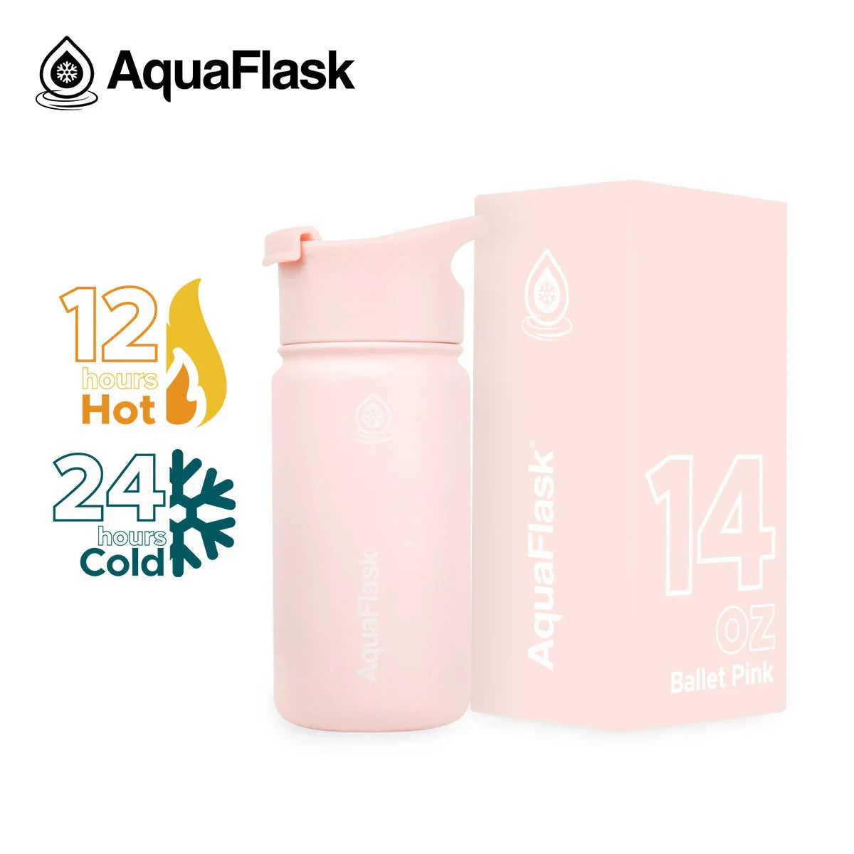 AquaFlask 14oz Ballet Pink insulated water bottle with box, keeps drinks hot 12h cold 24h