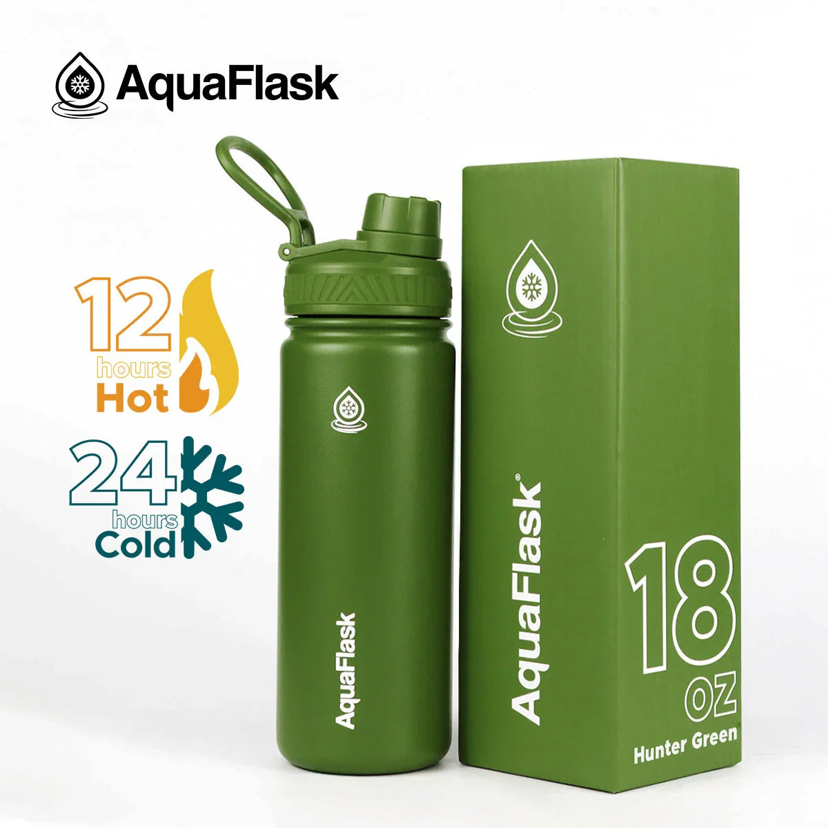 AquaFlask 18oz hunter green insulated water bottle and box, keeps drinks hot 12h, cold 24h