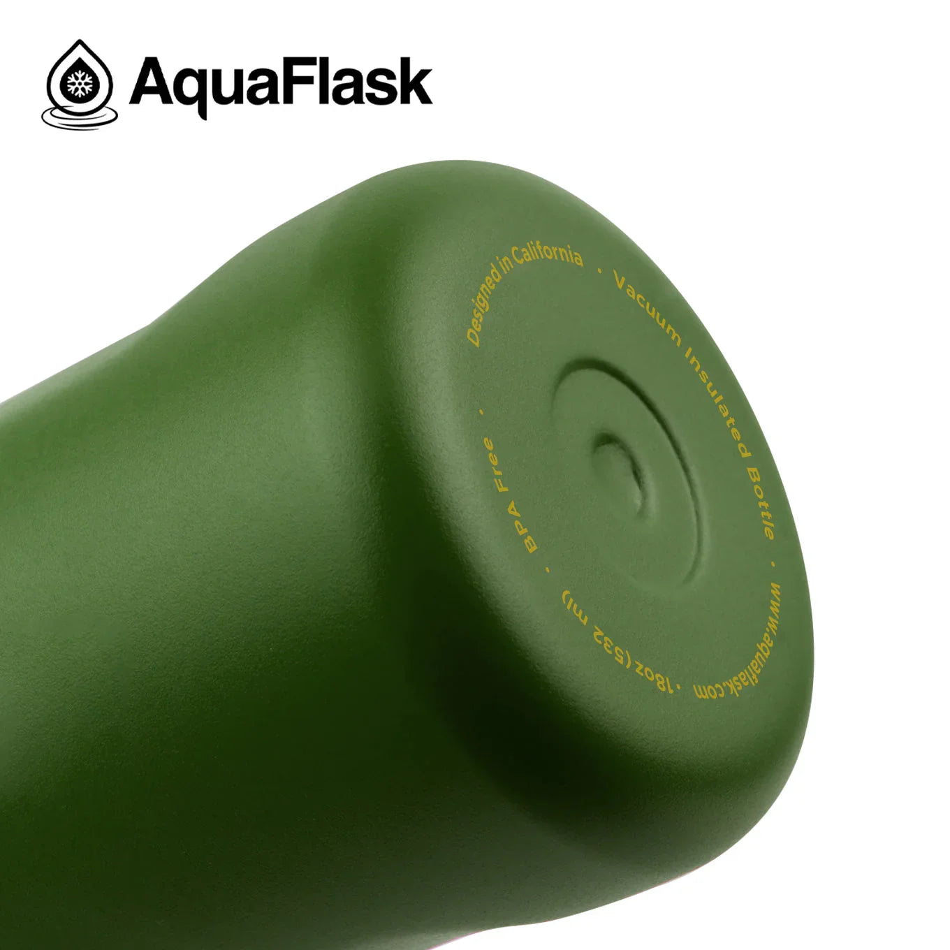 Hunter green AquaFlask 18oz BPA-free vacuum insulated bottle close-up with logo