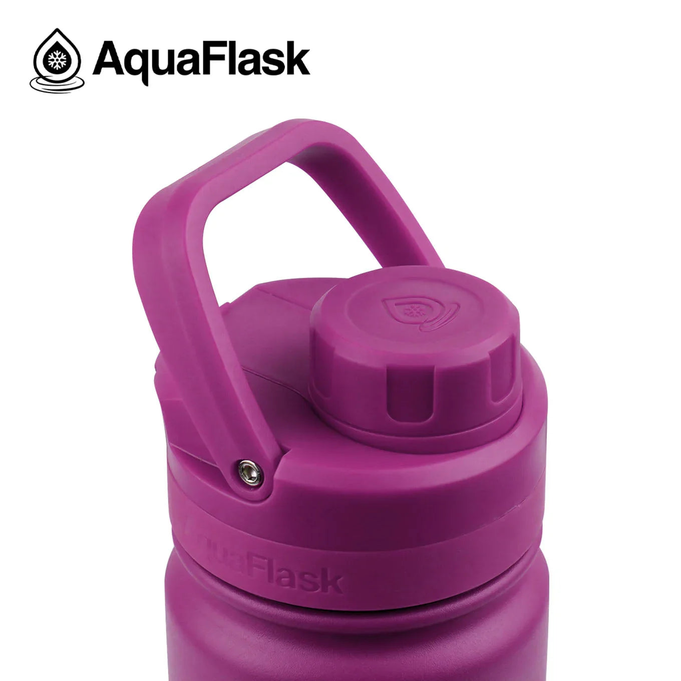Magenta AquaFlask 18oz water bottle with handle and screw cap, close-up view