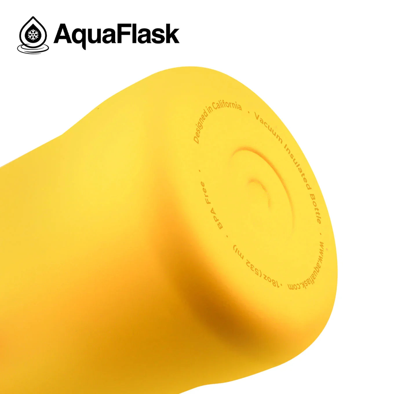 AquaFlask yellow 18oz vacuum insulated bottle with BPA free marking on white background.